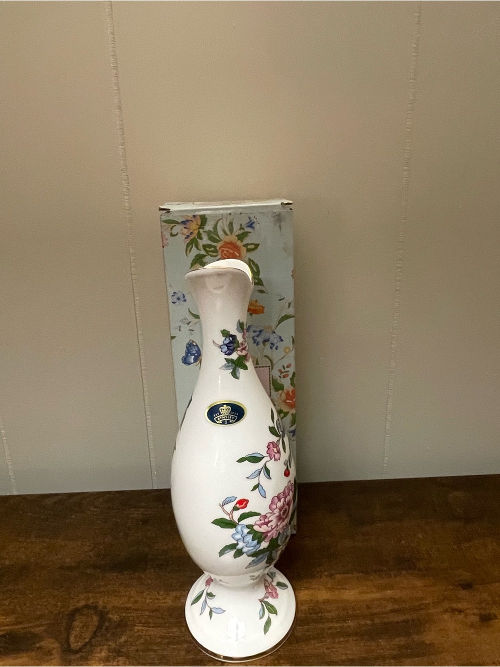Aynsley Pembroke Bird & Florals Vase  in Pink and White - 9 inches